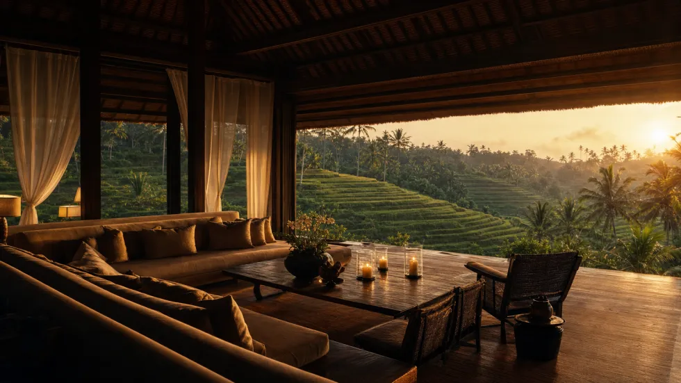 Paviliun keluarga Ubud yang hangat, terbuka ke terasering saat senja keemasan