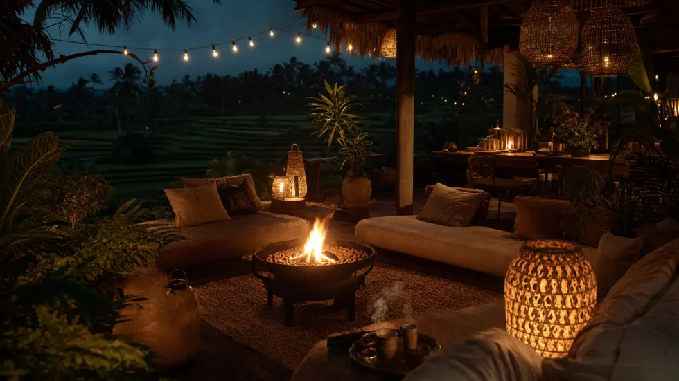 Lounge sawah pada malam hari di sekeliling perapian yang menyala