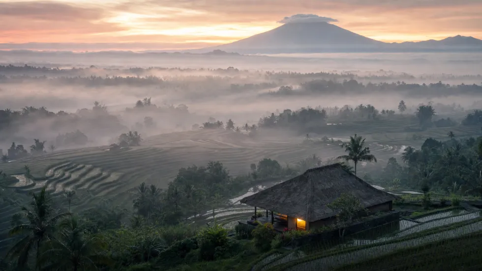 Kabut di atas terasering Bali yang luas saat fajar, satu lentera villa menyala