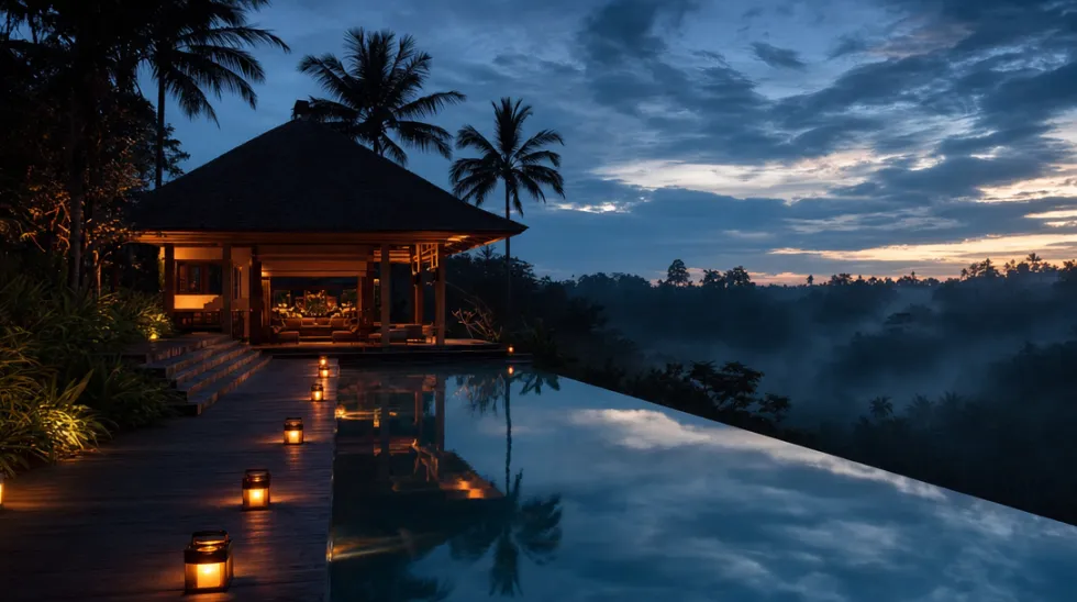 Kolam infinity villa saat senja biru menghadap rimba, lentera sepanjang dek
