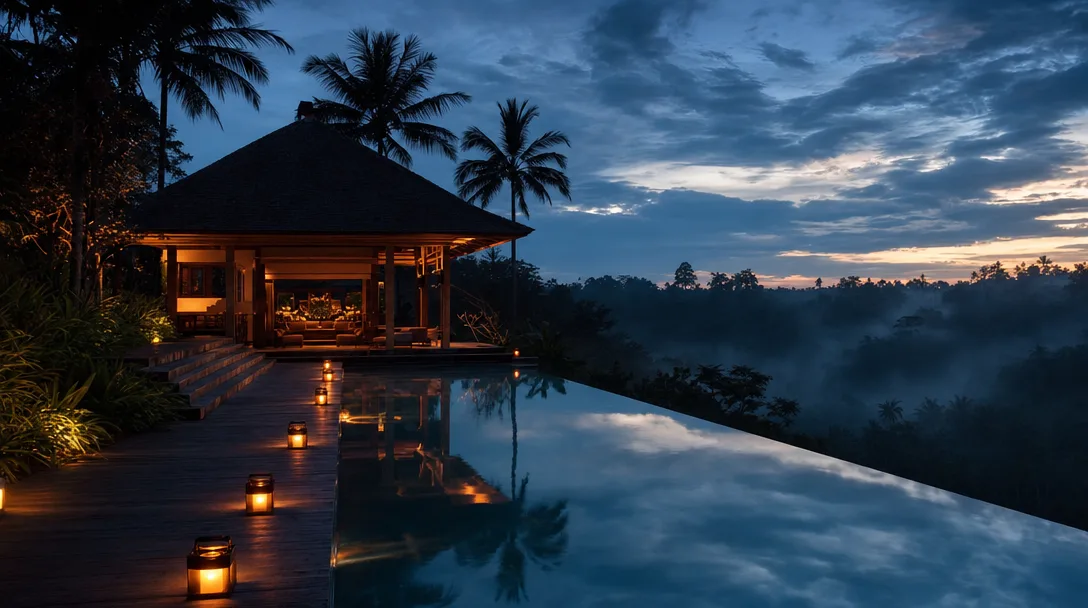 Sebuah villa Folkavilla saat senja biru, kolam infinity menghadap rimba Bali, lentera hangat di sepanjang dek