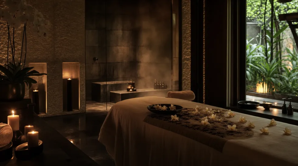 Ruang spa di dalam villa bercahaya lilin